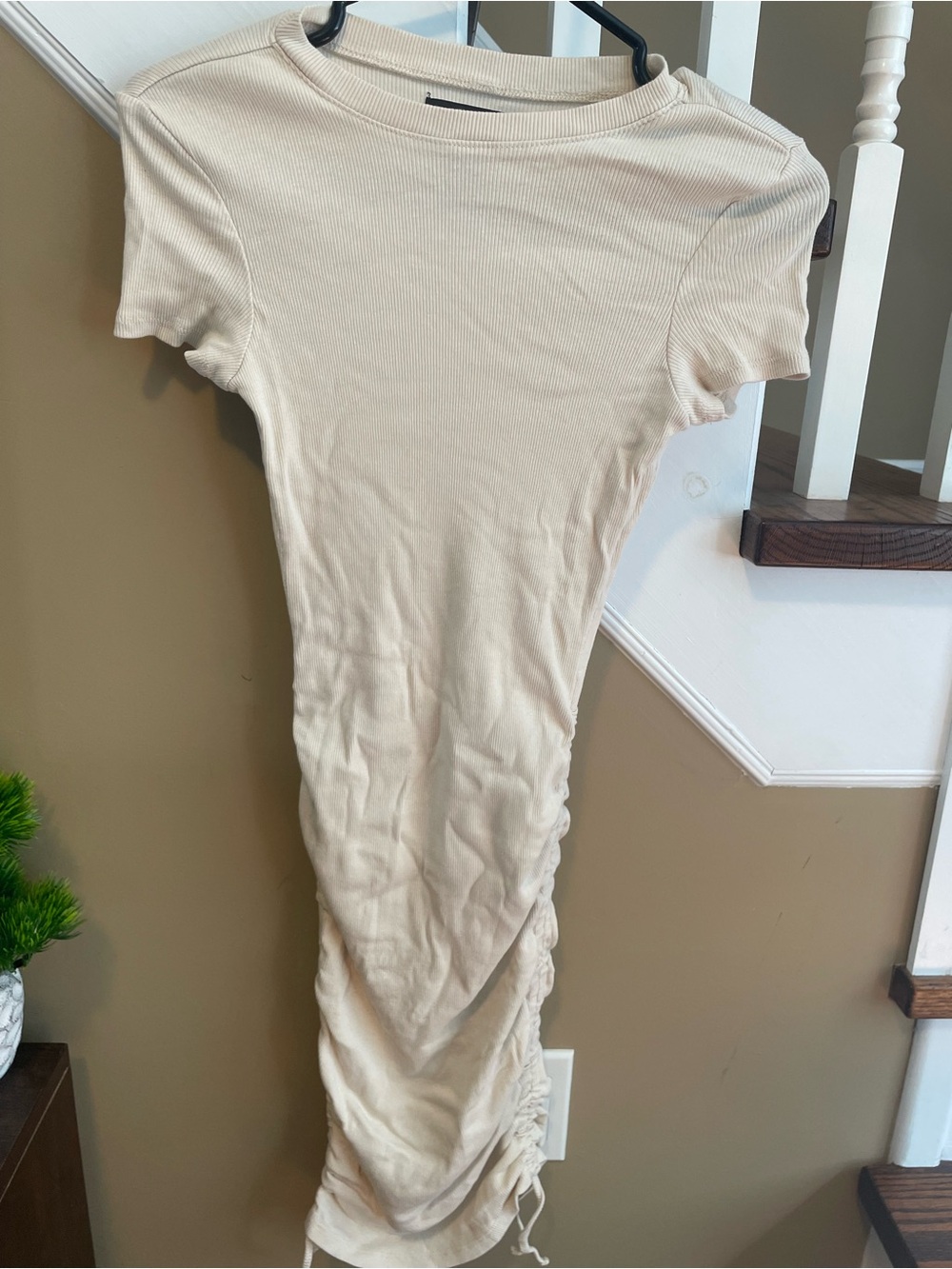 Cream Ribbed Short Sleeve Ruched Midi Dress